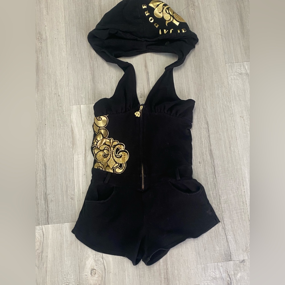 2000s Dereon Black and Gold Embroidered romper